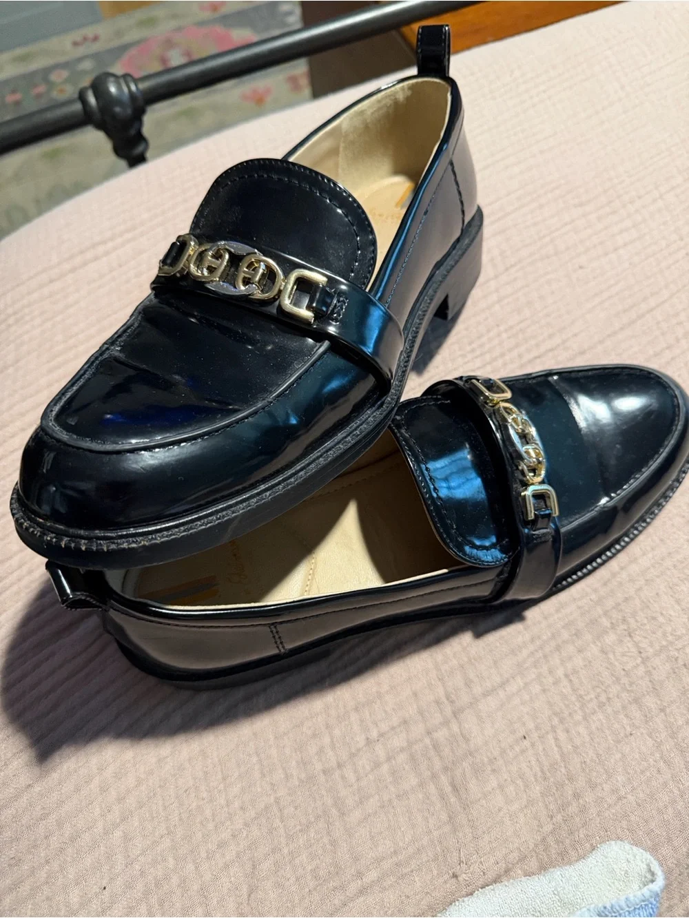 Sam Edelman Black Patent Loafers with Gold Chain Accent